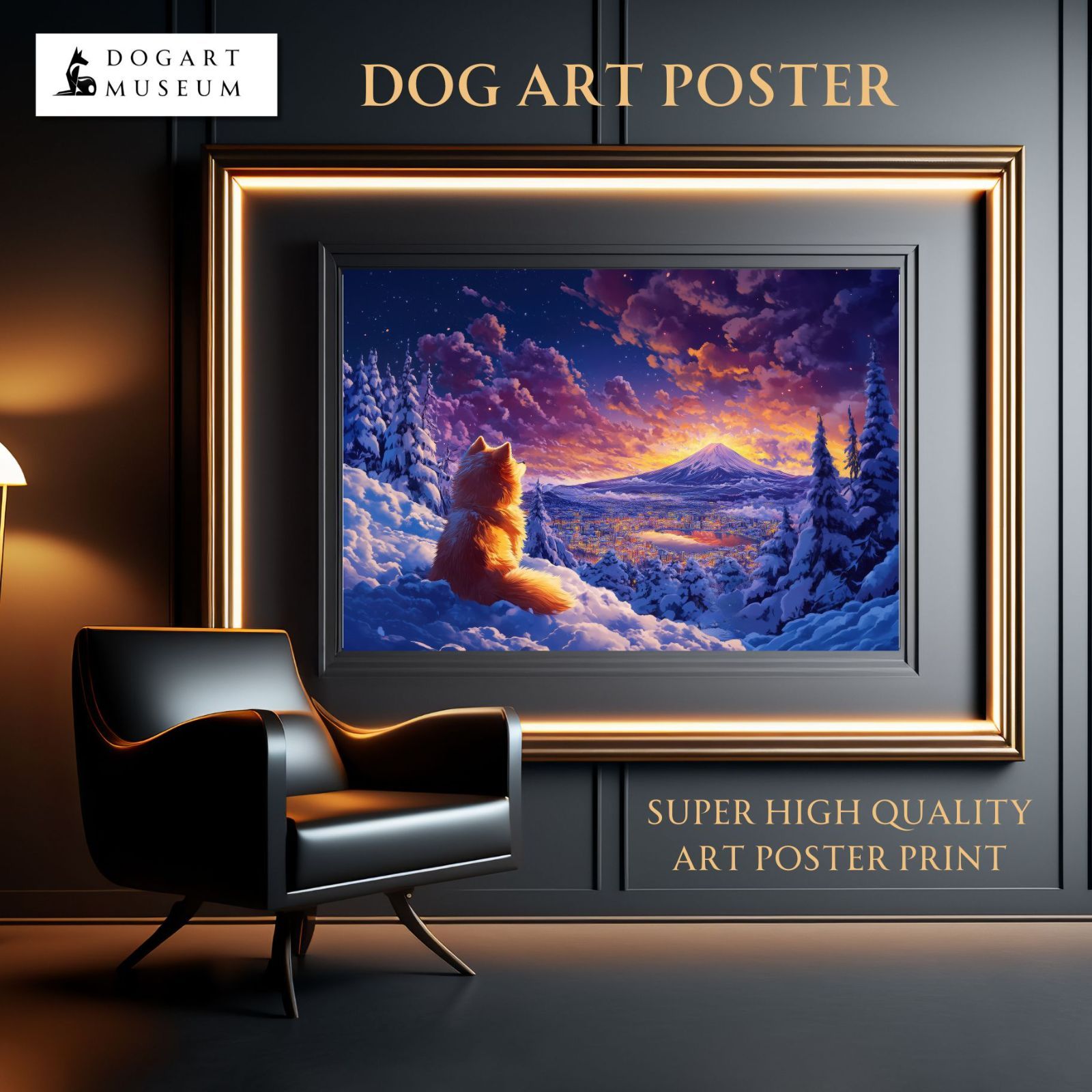 【犬と富士山（冬） - ポメラニアン犬 No.1】富士山・冬・雪・夜景・絶景・子犬・ペットロス・うちの子・記念日・アートポスター・犬の絵・犬のイラスト・ギフト・プレゼント