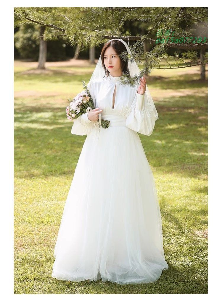 ウェディングドレス ロングドレス Aラインドレス チュール サテン 切替 結婚式 ウエディングドレス 花嫁 ブライダル 二次会 前撮り ハイネック 長袖 pai5a077283