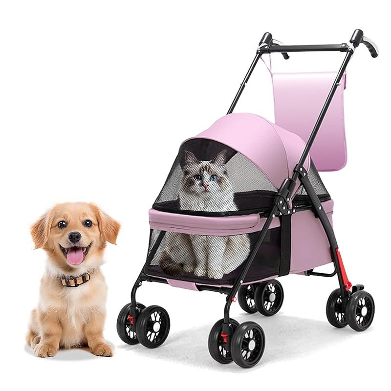 GHDOVP ペットカート 小型犬 中型犬 猫 キャリーカート 4輪カート 軽量 前輪360°回転 後輪ブレーキ付き 飛び出し防止 組み立て簡単 折りたたみ ペットバギー 老犬介護用 多頭用 収納バッグ付き 通気 コンパクト お出かけ 散歩 キャンプ 犬用 1