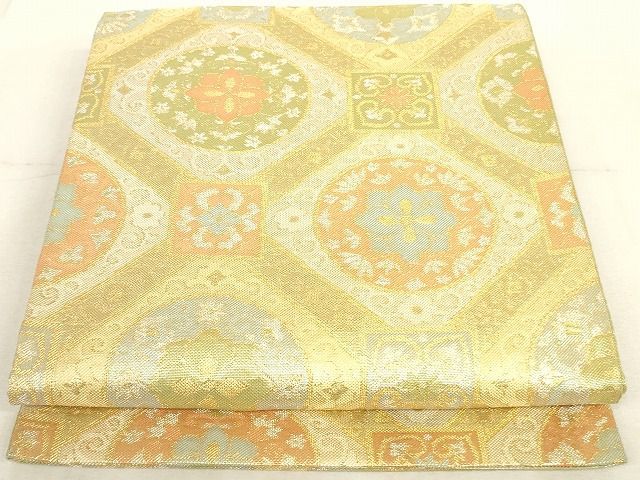 4k2073 袋帯 絹 彫金 菊華彩延紋 正倉院文様 華文 金色 銀色 緑 赤  