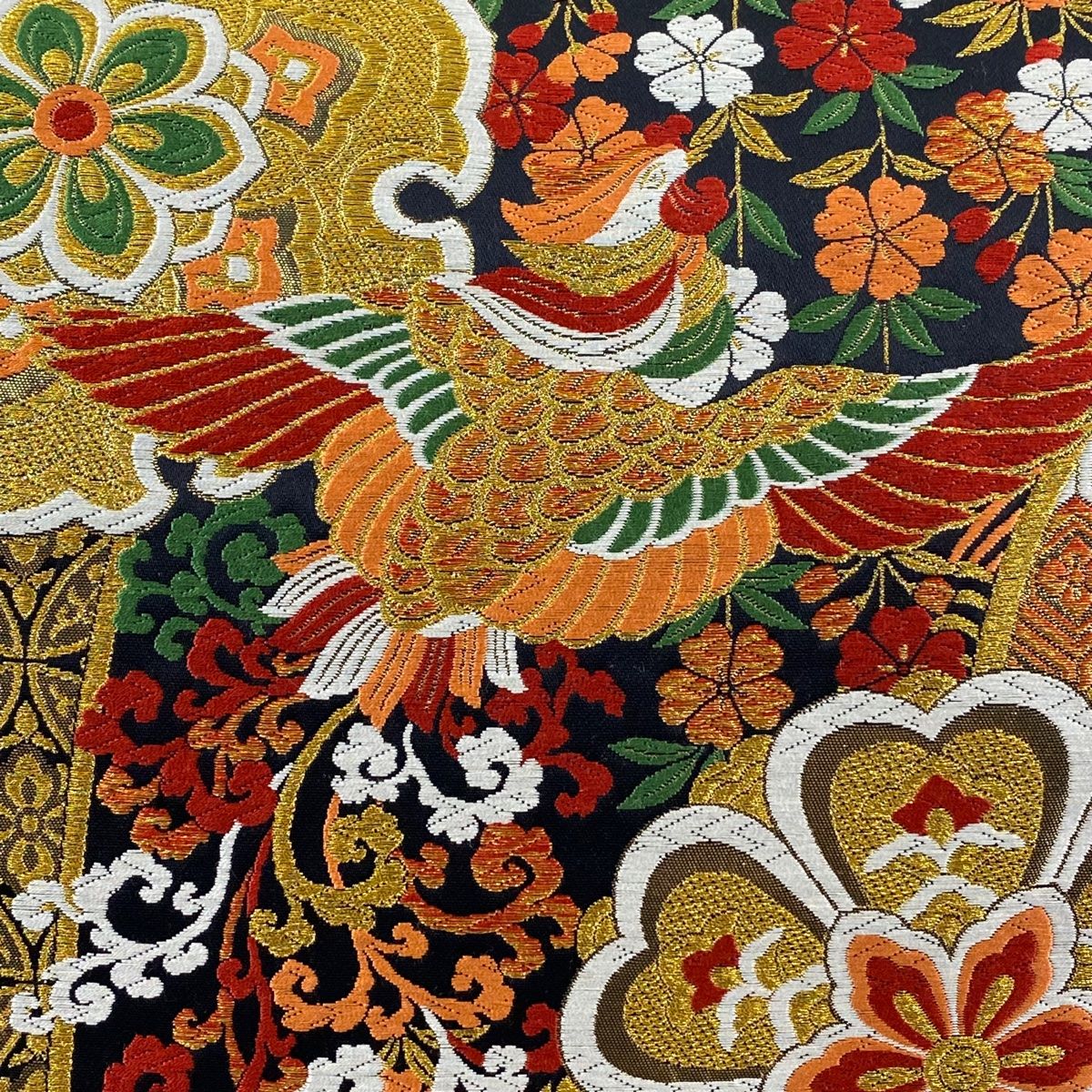 唐織り 宝相華 華紋 鳳凰 袋帯 正絹 唐花 金糸 緑 黒 507