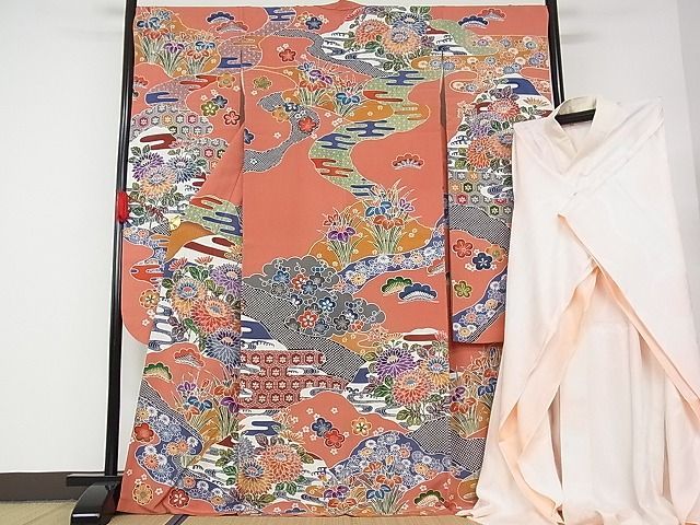 平和屋-こころ店□極上 振袖・長襦袢セット 型染め 吉祥花文 着丈170.5
