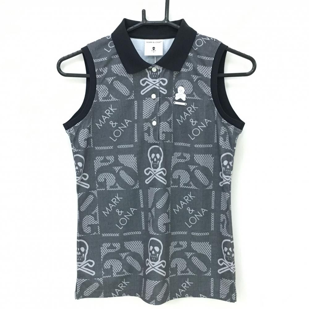 価格 マークアンドロナ ノースリーブポロシャツ グレー×黒 総柄 スカル レディース 36 S ゴルフウェア モデル MARK＆LONA