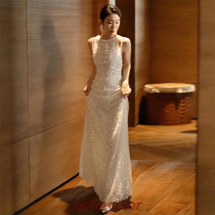 イブニングドレス ノースリーブ ホルターネック ロングドレス 白 
