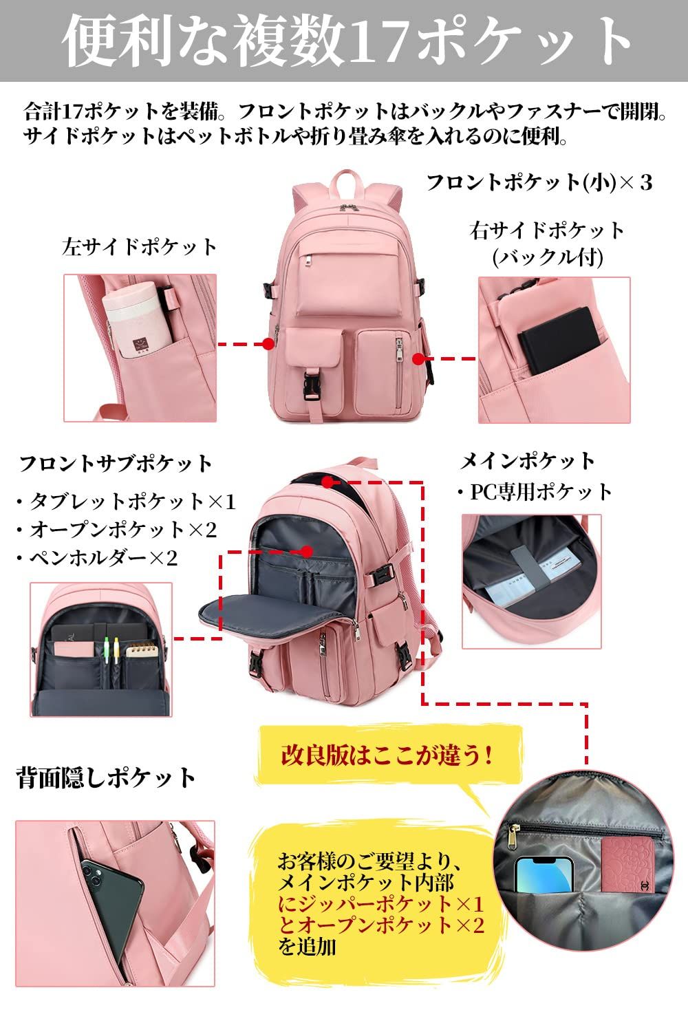 リュック サイド コレクション ポケット ファスナー