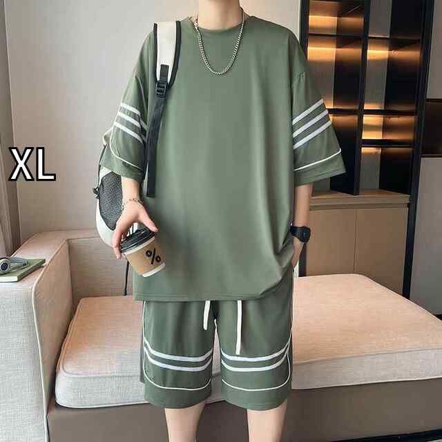【100%新品，格安】 [XL ]メンズ ファッション 服 男性用 オシャレ シンプル 大人 かっこいい ストリート 夏 半袖 パジャマ パンツ 冷感 薄手 グリーン ホーム 服 セット その他