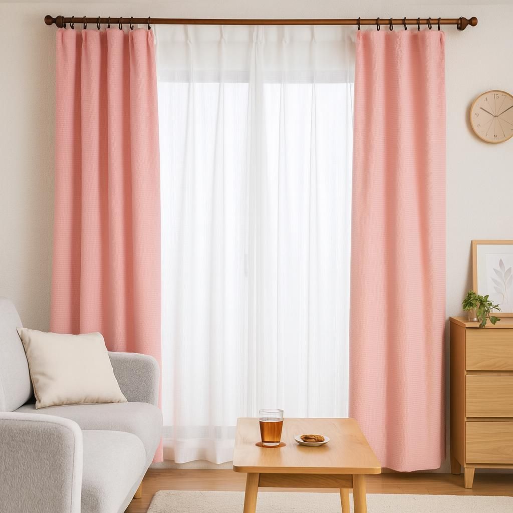 ドレープカーテン ワッフル生地 3級遮光 裏地付 ＆ レースカーテン 4枚