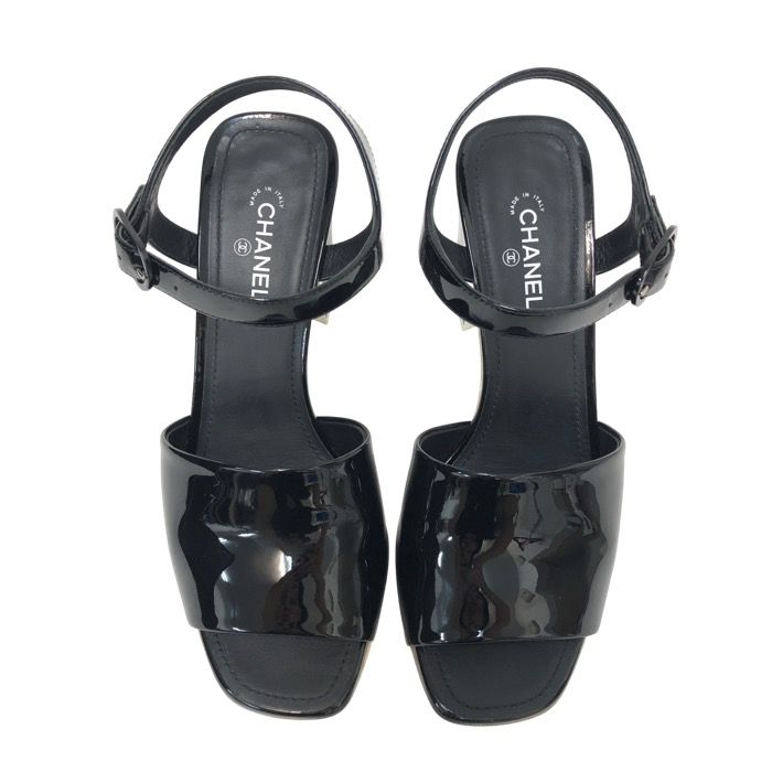 CHANEL シャネル ココマーク G38684 サンダル パテントレザー ブラック 9.5cmヒール サイズ37.5 24cm相当 レディース