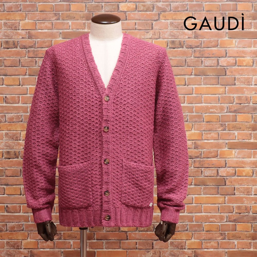 25AW|GAUDI|Lサイズ|ニットカーディガン C521GU53034 変わり編み Vネック ローゲージニット インポート 今季 メンズ ガウディ |ピンク|mc358|