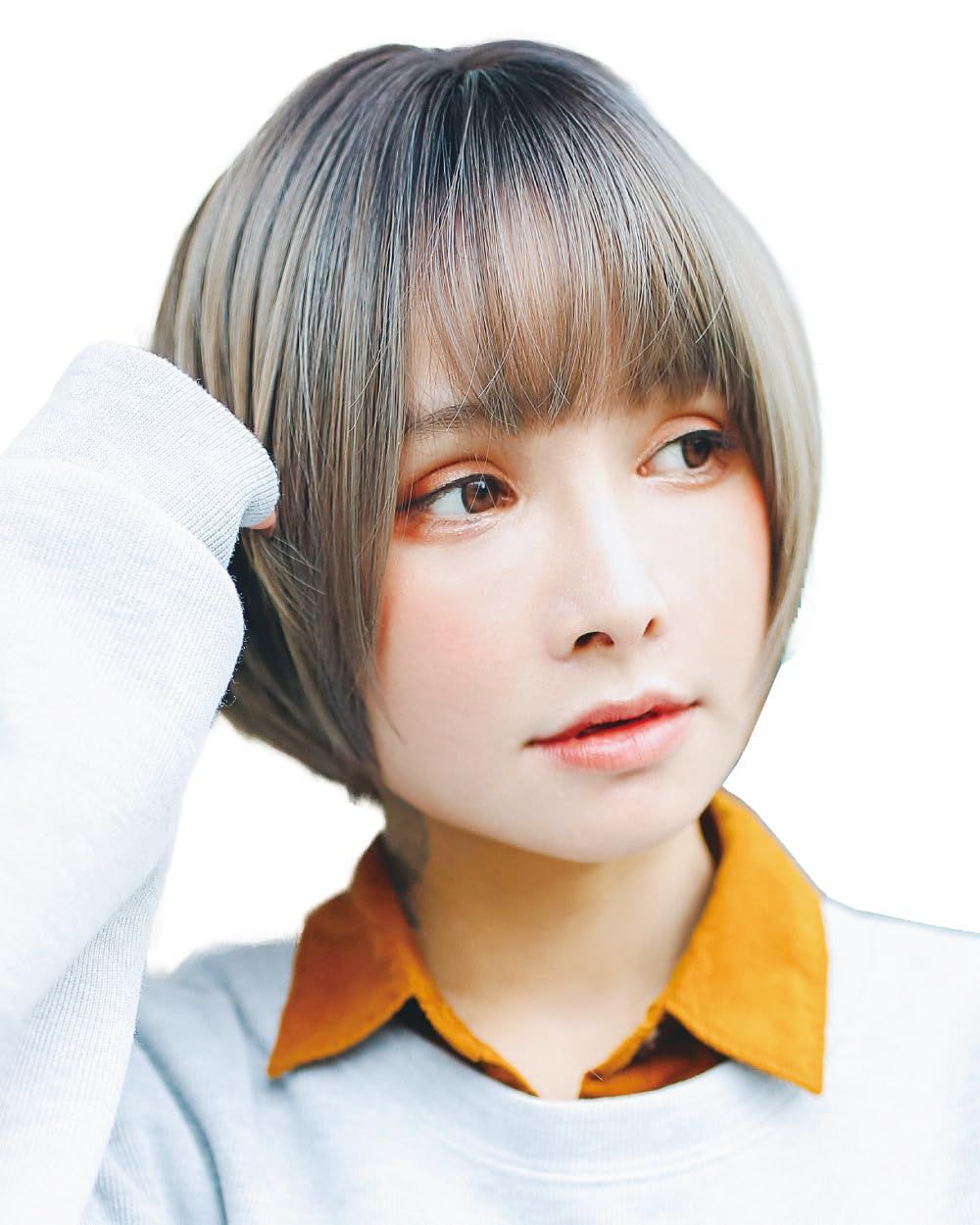 Color:ブラック グレー [TefuRe] ウィッグ ショート ボブ 耐熱 フルウィッグ 黒髪 ブラウン グレー ブルー 自然 丸いシルエット ウィッグネット 付 ラウンドショート ブラック グレー D-3110-BkGy