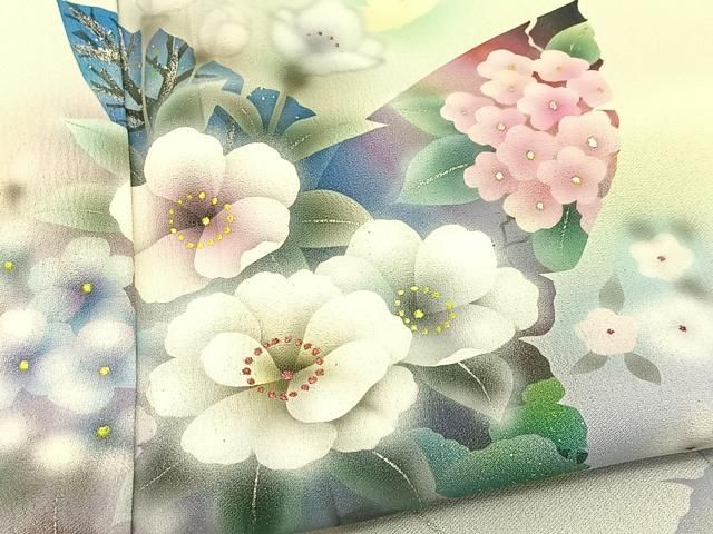 平和屋着物●訪問着　単衣　手描き　花蝶文　銀彩　正絹　逸品　BAAT9142yc 平和屋着物○訪問着 単衣 手描き 花蝶文 銀彩 正絹 逸品