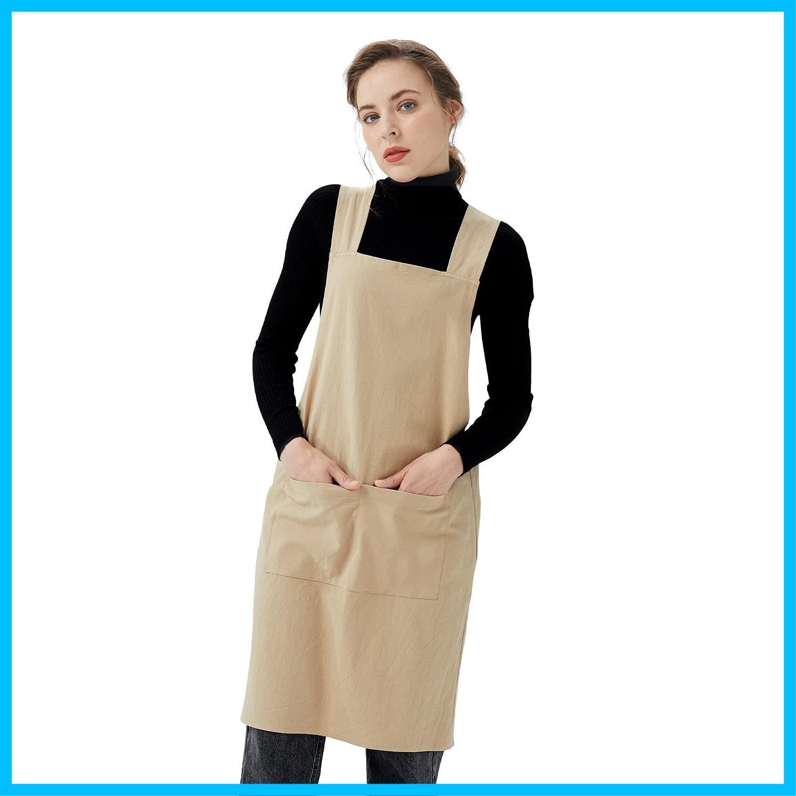 商品 クロスバックエプロン コットンリネン 無地男女兼用 Surblue エプロン ヴィンテージエプロン 和風 ポケット2つ付き