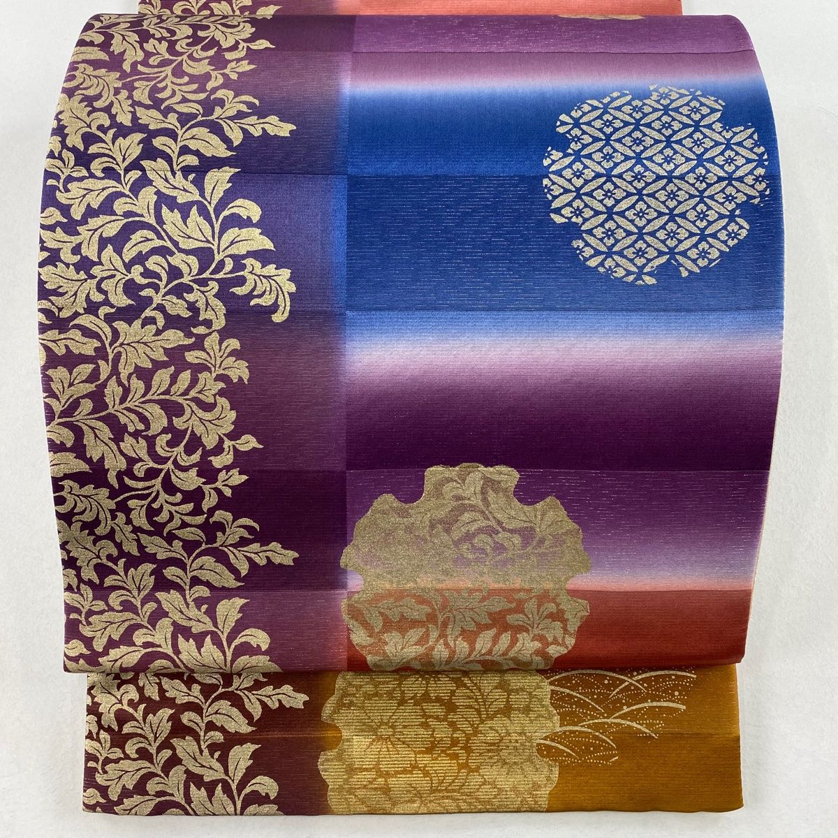 袋帯 美品 秀品 雪輪 草花 銀糸 金彩 紫 六通 正絹 【中古