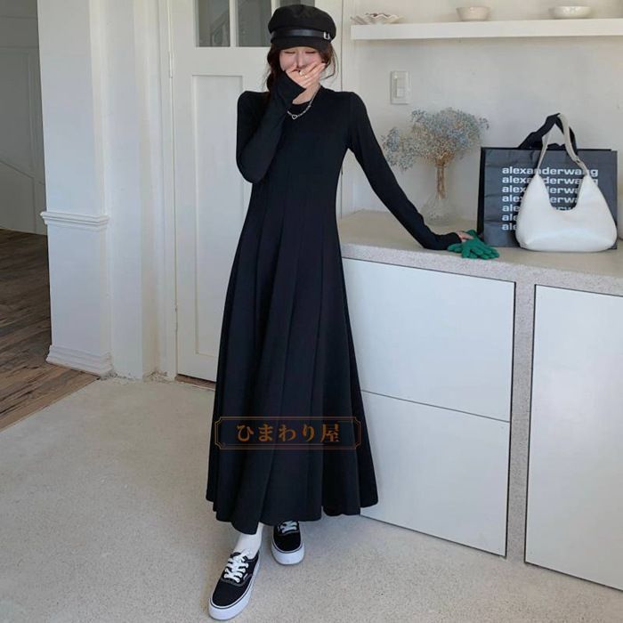 無地ワンピース ロングワンピース マキシ ワンピース レディース ロング ワンピース ワンピース 秋 冬 春 長袖 ブラック きれいめ 着痩せ ロング丈 マキシ丈 無地　chaoliu217
