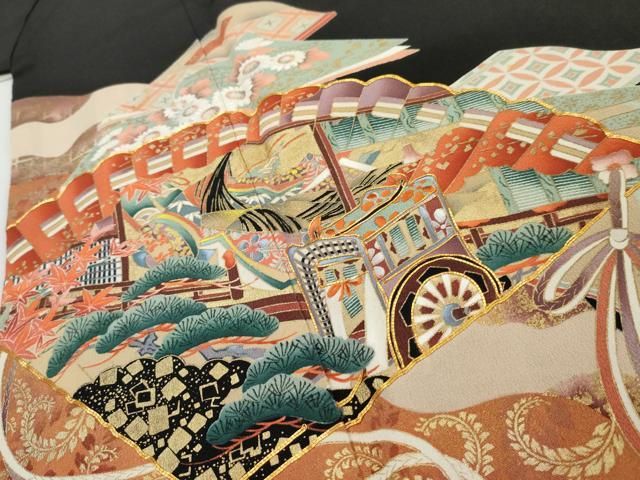 平和屋着物○豪華色留袖 駒刺繍 松竹梅 流水檜扇花文 金彩