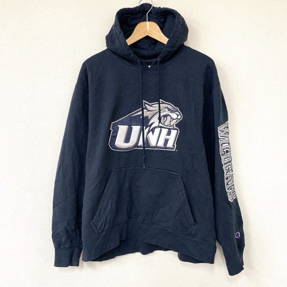 チャンピオン Champion New Hampshire Wildcats ニューハンプシャーワイルドキャッツ スウェット パーカー 長袖 プルオーバー ロゴ ワッペン サイズ：XL ネイビー×グレー×ホワイト