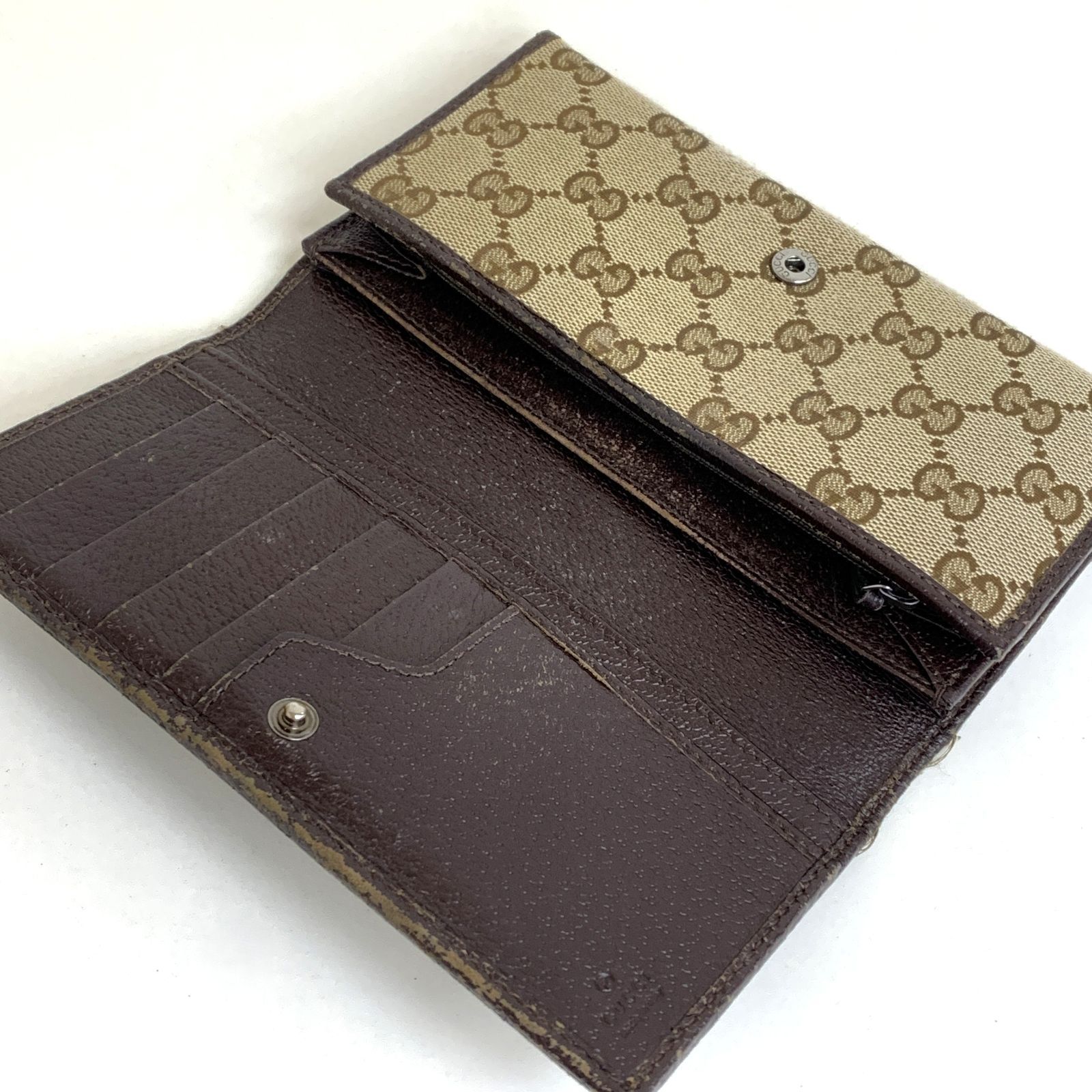 極美品/GUCCI グッチ 長財布　GGライン　GG柄　ロゴプレート　キャンバス 中古品】GUCCI GGキャンバス ロゴプレート 二つ折り 長財布
