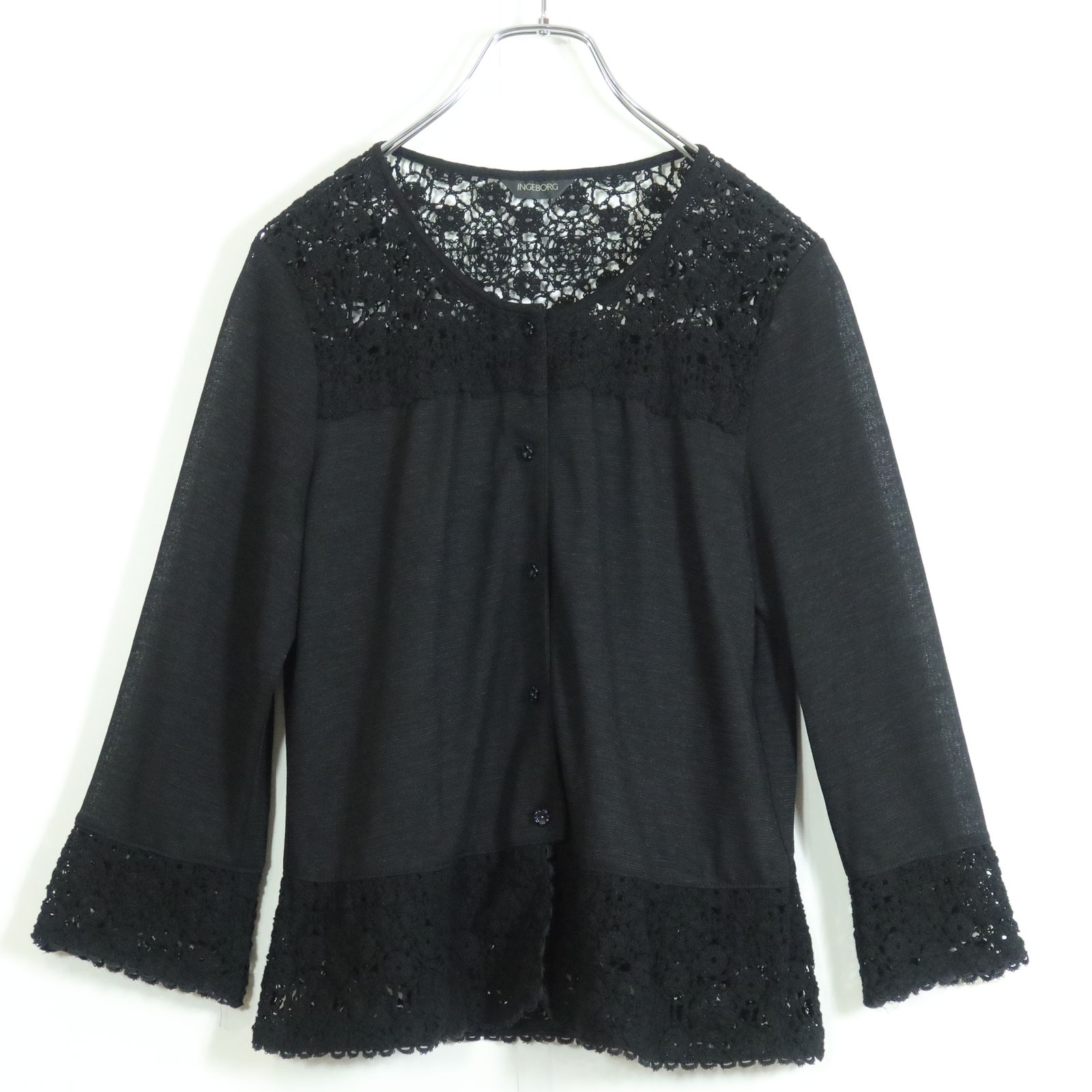 INGEBORG - 【美品】インゲボルグ★レース付きニットカーディガン サイズ3(9号) 黒系 シアー感♪お花のボタン♪z12938 美品】インゲボルグ☆レース付きニットカーディガン サイズ3(9号