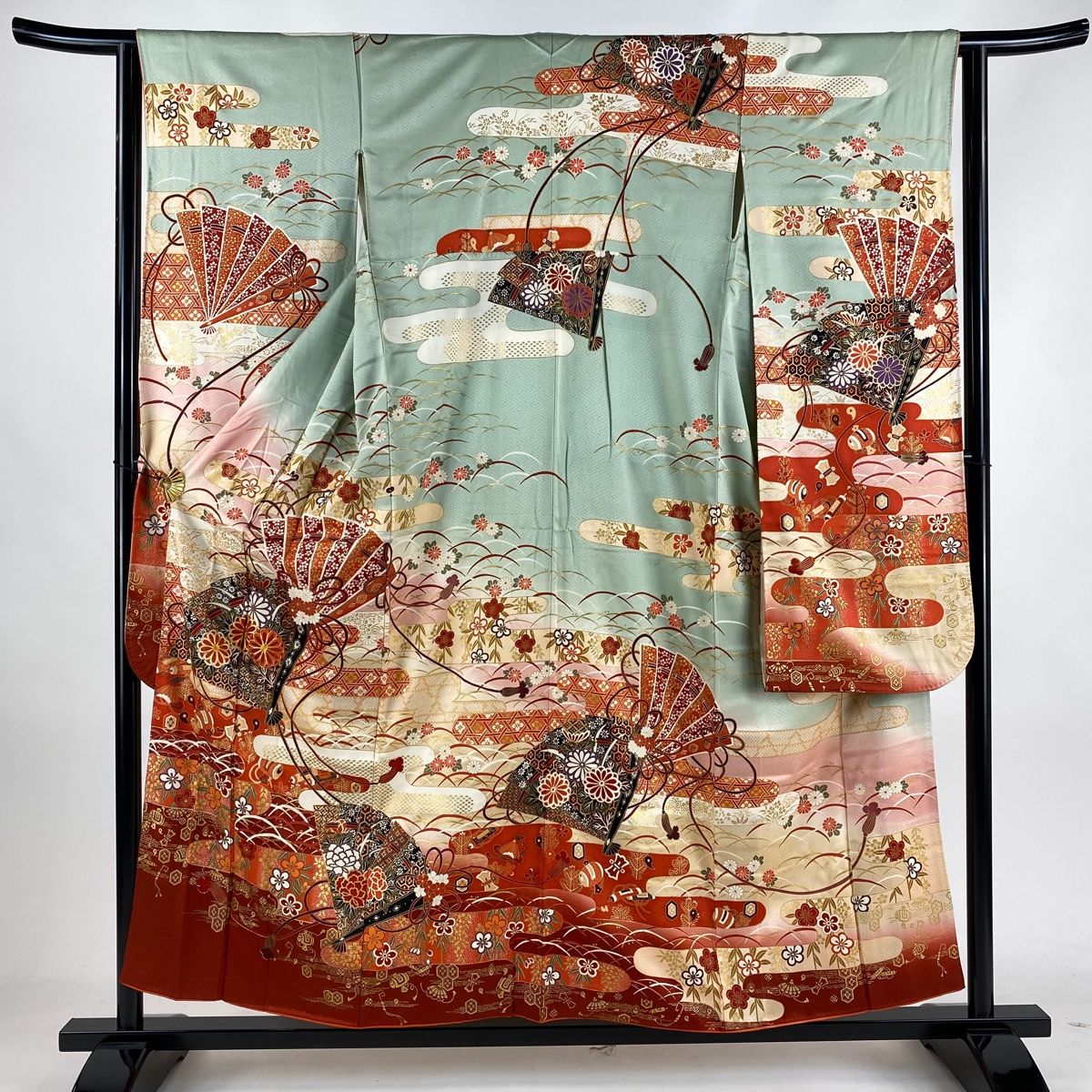 振袖 身丈155.5cm 裄丈63cm S 袷 檜扇 宝尽くし 金糸 金彩 薄緑 正絹 秀品