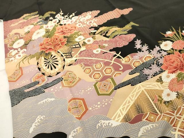 平和屋着物□豪華黒留袖 花車文 金彩 正絹 逸品 AAAY9234cs