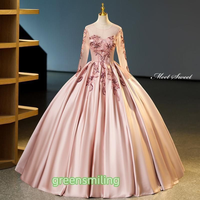 ドレス Aラインドレス ピンク 長袖 サテン ビーズ 編み上げ ロングドレス ウェディングドレス 結婚式 二次会 花嫁 前撮り 演
