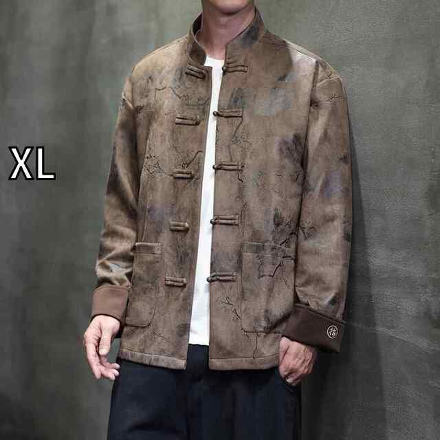 XL アジアンテイスト 衣装 メンズ ファッション 服 用 オシャレ シンプル 大人 かっこいい 大きいサイズ ストリート 紳士服 スエード ジャケット トップ プリント レトロ ボタン 唐装 韓服