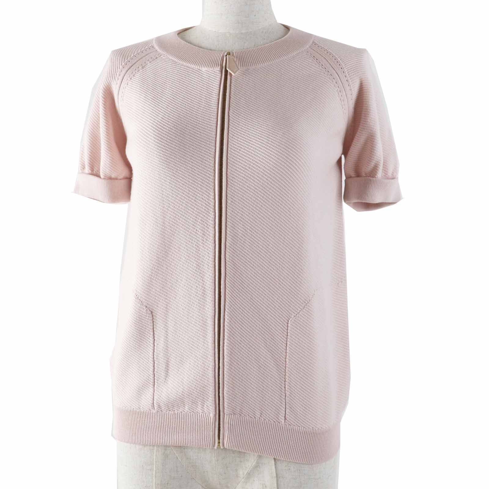 ◎HERMES エルメス コットン シルク レザージップトップ ジップアップ 半袖ニット ベビーピンク 34 イタリア製 レディース