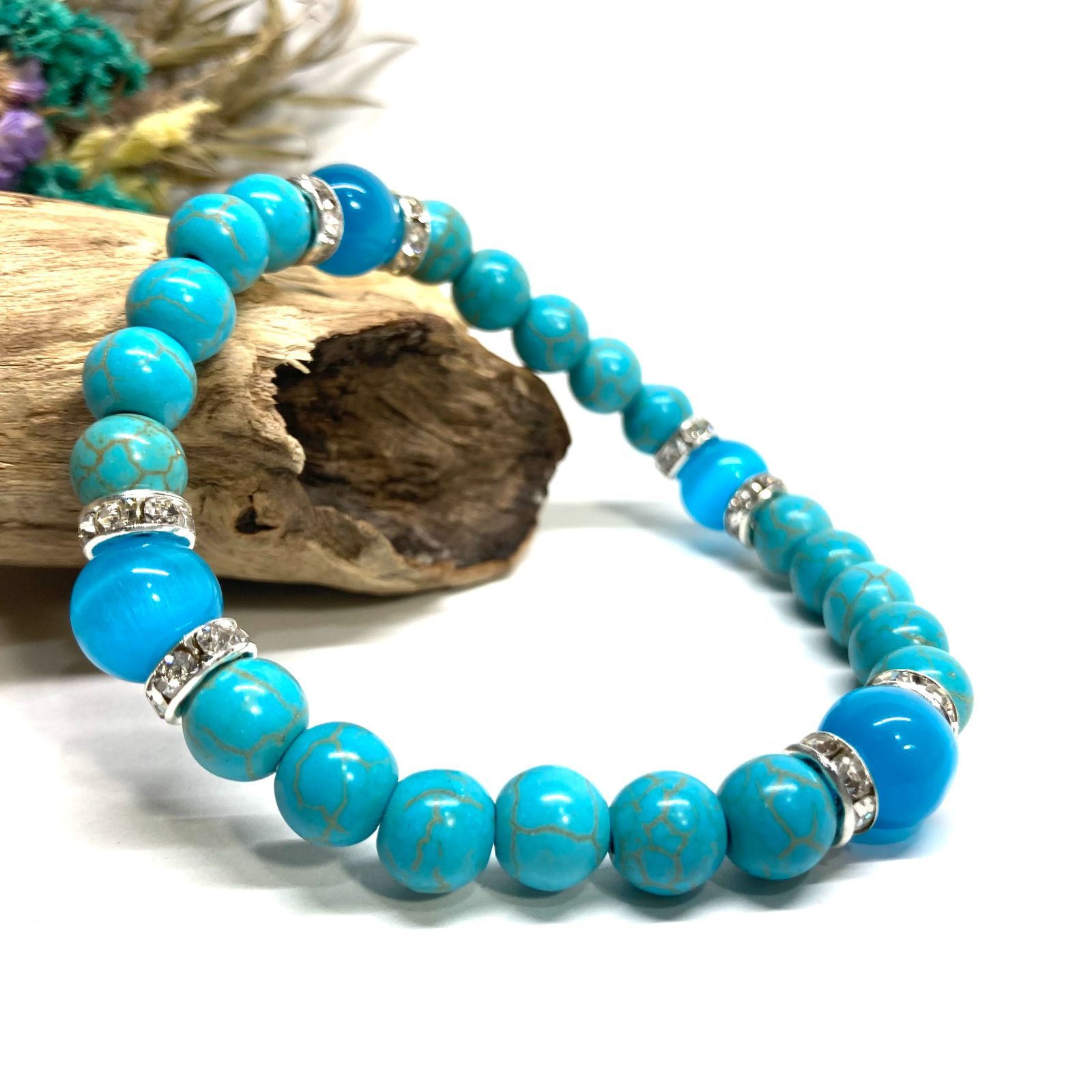 ターコイズ-キャッツアイ ライトブルー パワーストーン ブレスレット シルバー メンズ レディース ハンドメイト