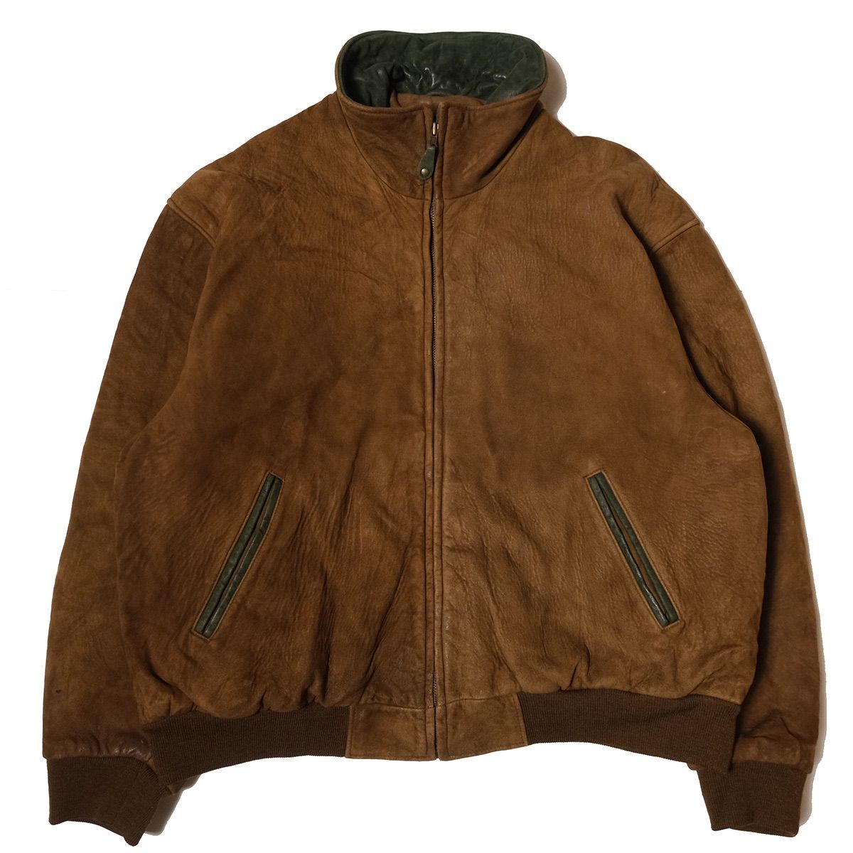 80 s 90 s LLビーン ヌバックレザー ジャケット XL 茶色×緑 ジップ レザージャケット 90年代 アメリカ製 旧タグ LL.Bean アメリカ古着 ビンテージ ヴィンテージ