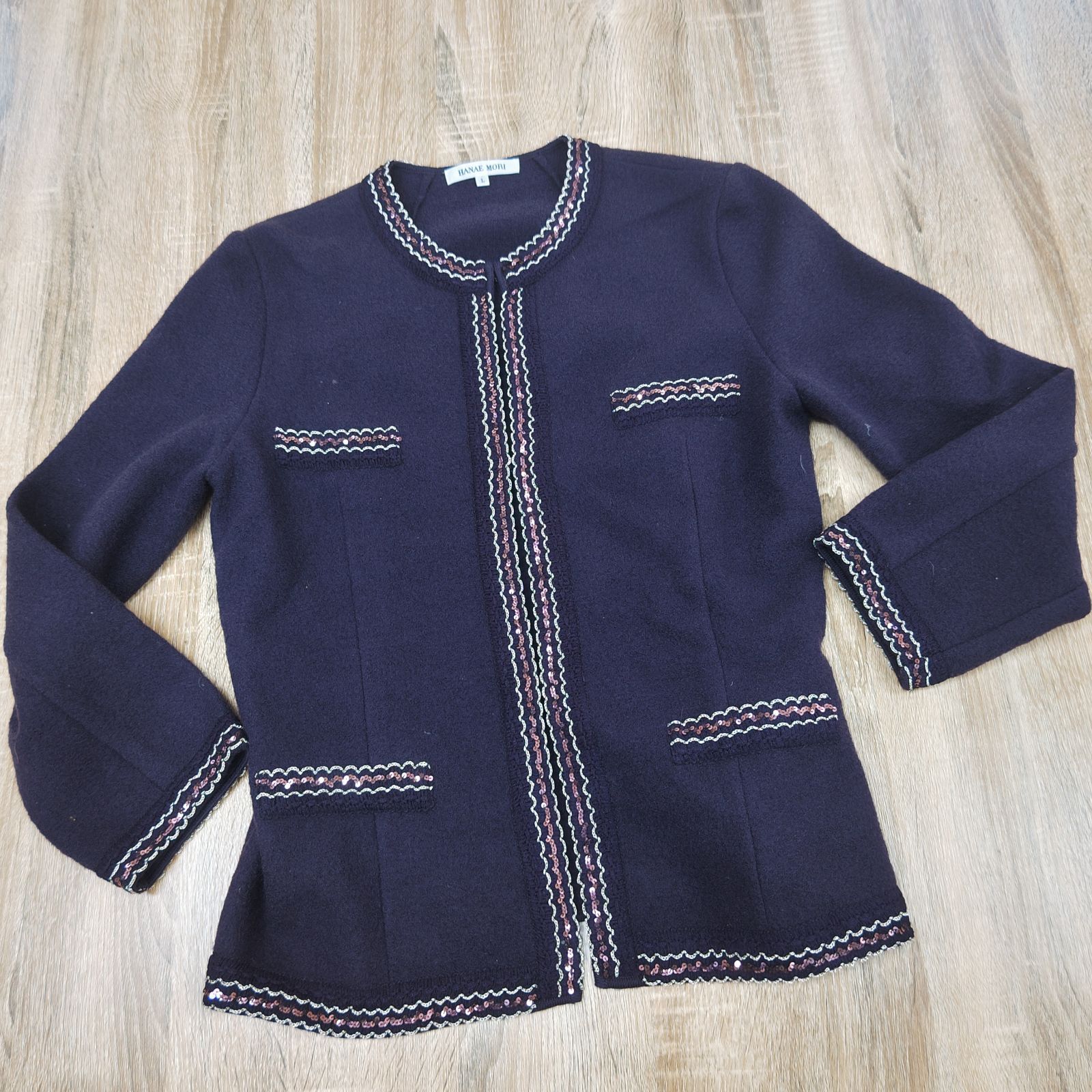 HANAE MORI。ハナエモリ。ノーカラージャケット。パープル系。Lサイズ  