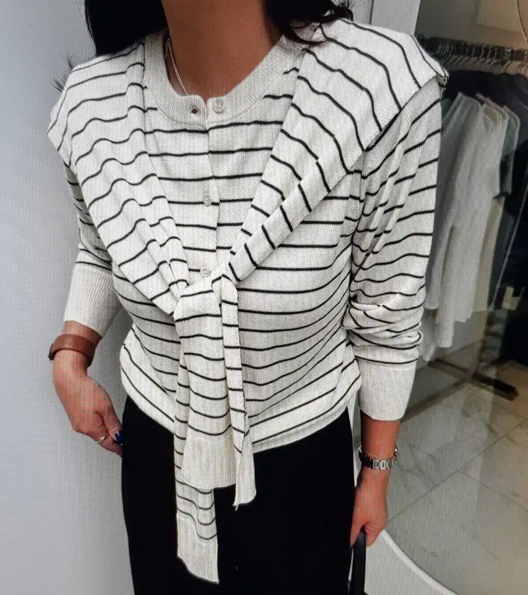 海外発送 ストライプ ニット カーディガン -ショール セット