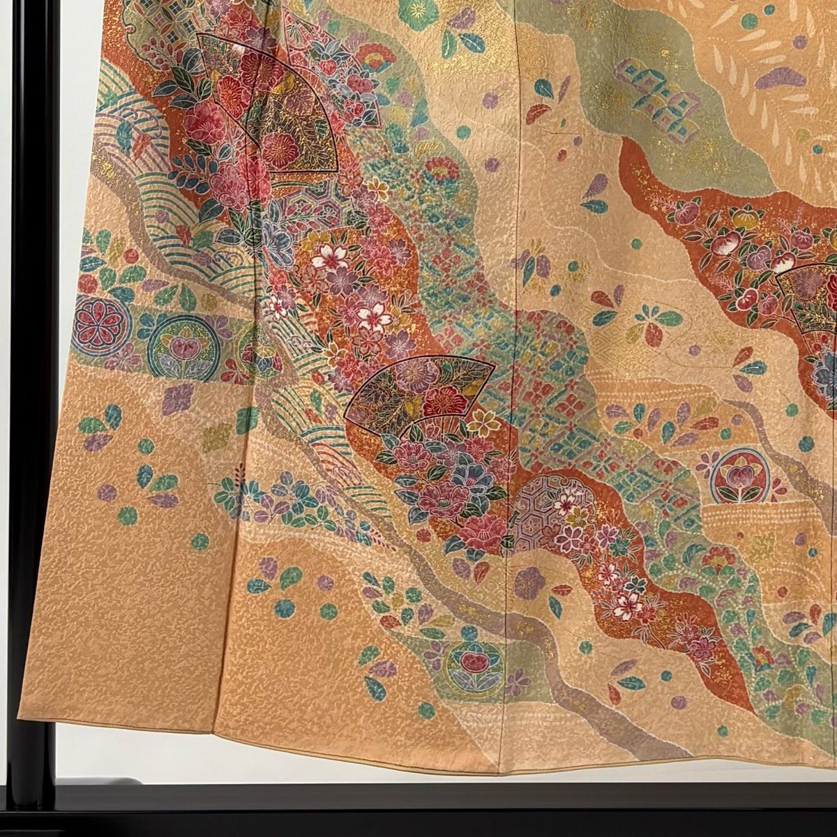 訪問着 身丈151cm 裄丈63cm S 袷 扇面 草花 金彩 薄オレンジ 正絹