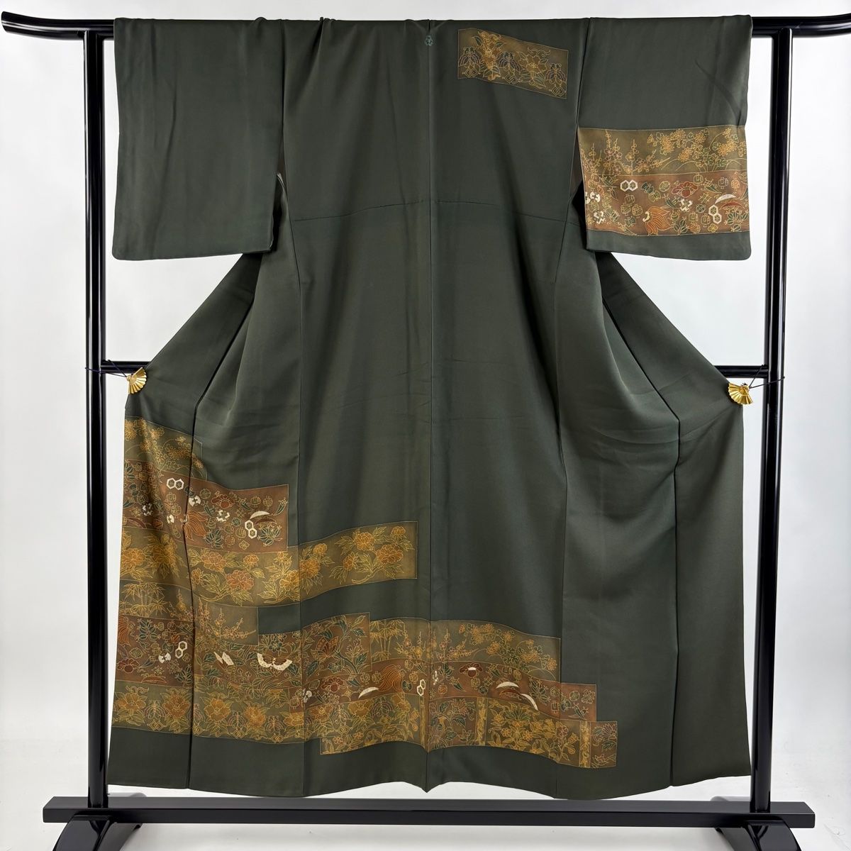 訪問着 身丈153cm 裄丈62cm S 袷 草花 宝尽くし 刺繍 金彩 深緑 正絹 秀品 一つ紋