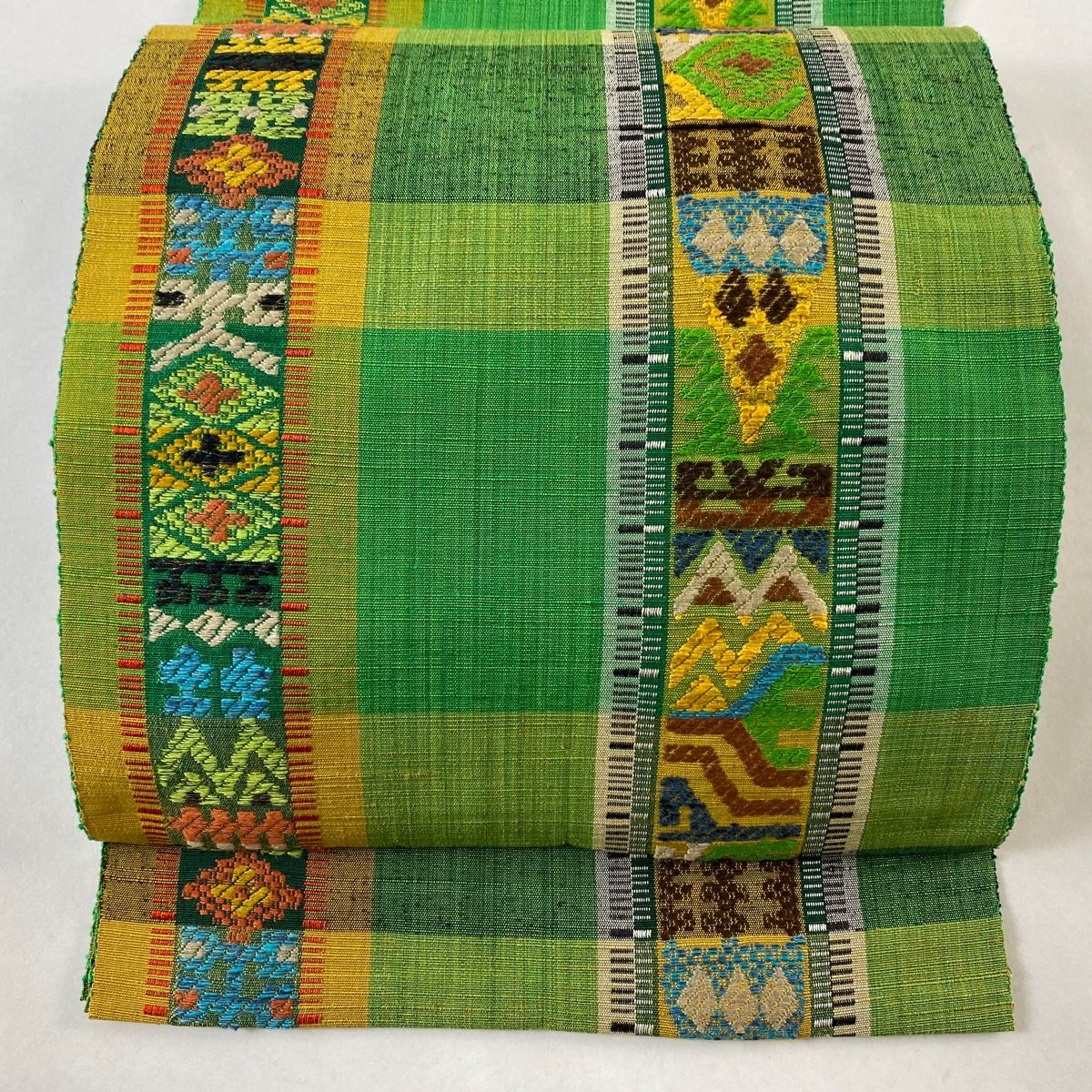 名古屋帯 美品 優品 縞 幾何学模様 茶緑色 正絹 【中古】 袋帯 美品