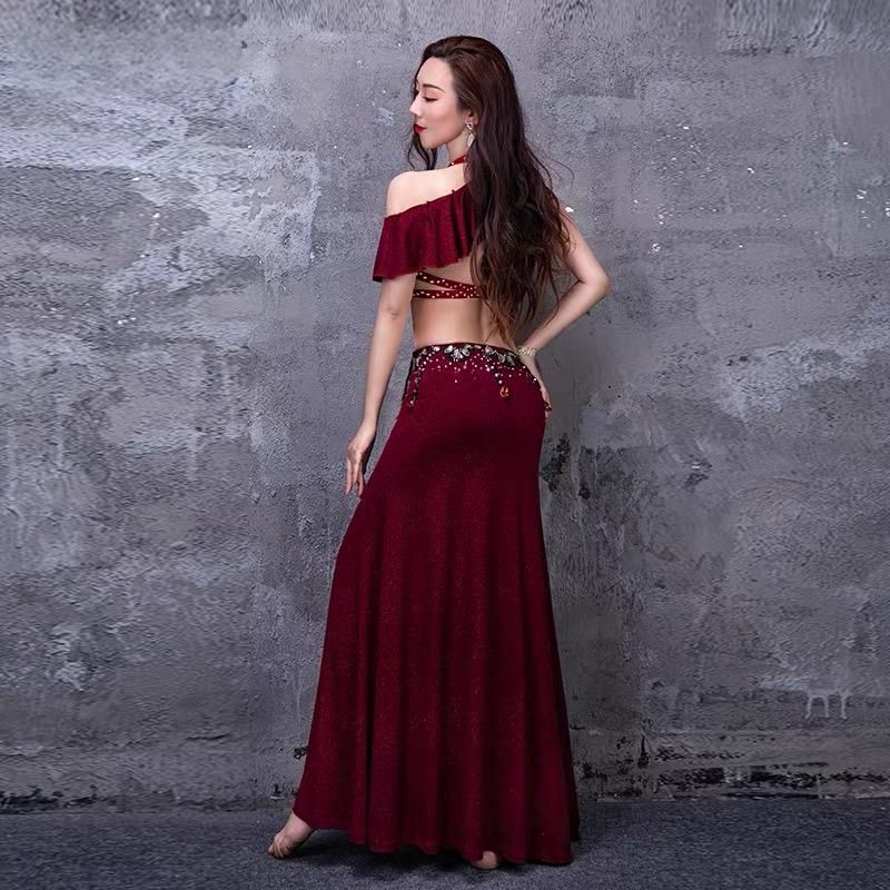 ビジューダイヤモンド ブラ付きロングドレス セクシーなベリーダンス ステージ衣装 セット ワインレッド