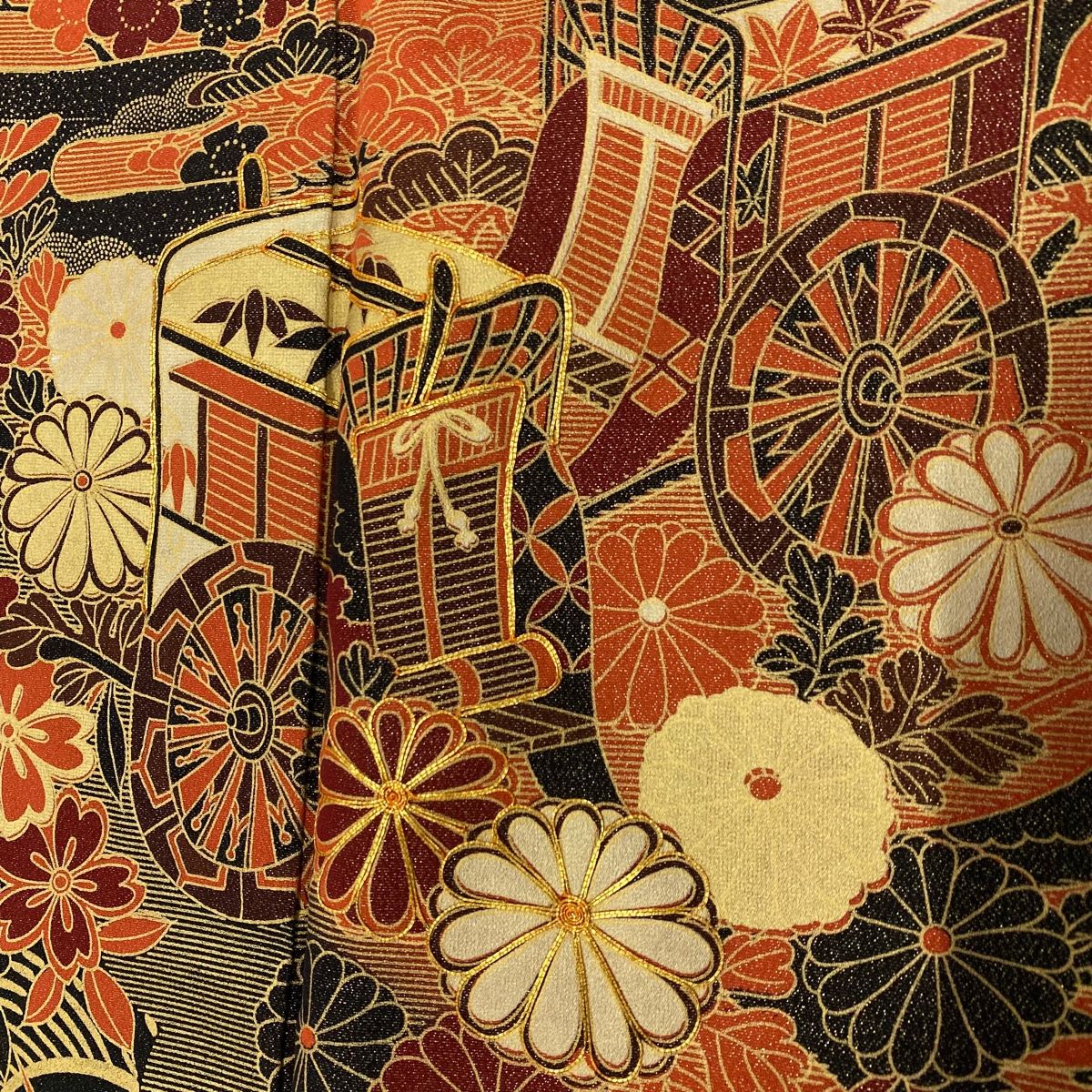 振袖 身丈156cm 裄丈63.5cm S 袷 御所車 菊 金糸 銀通し 朱色 正絹  