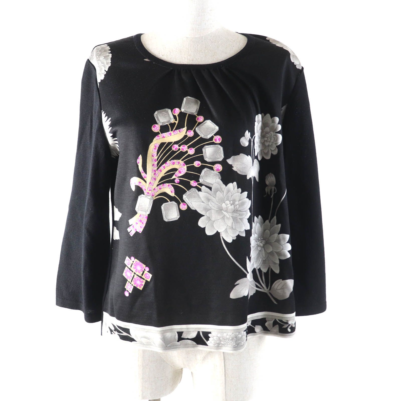 LEONARD FASHION レオナール ファッション 0387717 ウール シルク混 花柄プリント クルーネック 七分袖 ニット ブラック 42 レディース