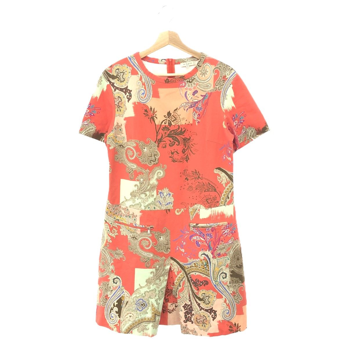 良好 ETRO エトロ ストレッチ ペイズリー柄 総柄 半袖 ワンピース サイズ 46 151-18933-4124 オレンジ レディース 240001135449