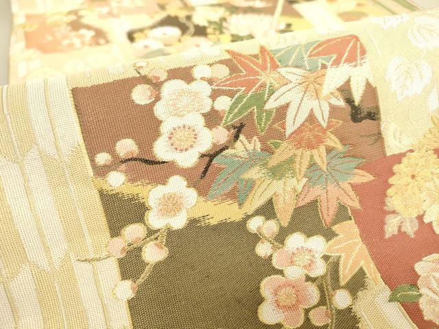 振袖 波の地模様に大柄の花 共八掛 素敵 正絹 広衿 袷 着物 T-2473 平和屋着物▽両面 六通柄袋帯 百花繚乱文 紹巴 金糸 やまと誂製