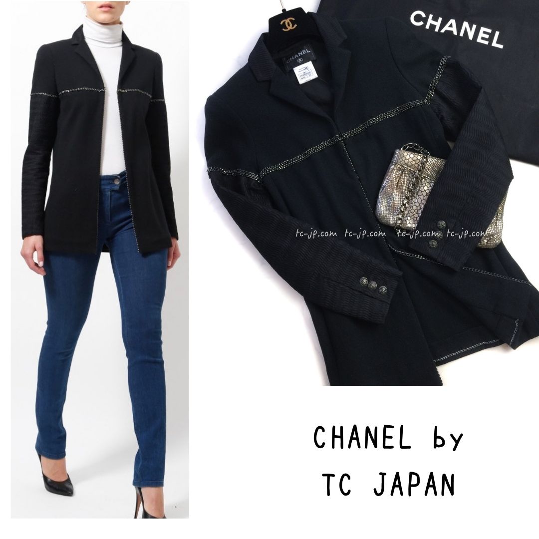 CHANEL テーラードジャケット ブラック 38 シャネル ジャケット CHANEL ブラック チェーン トリム コットン