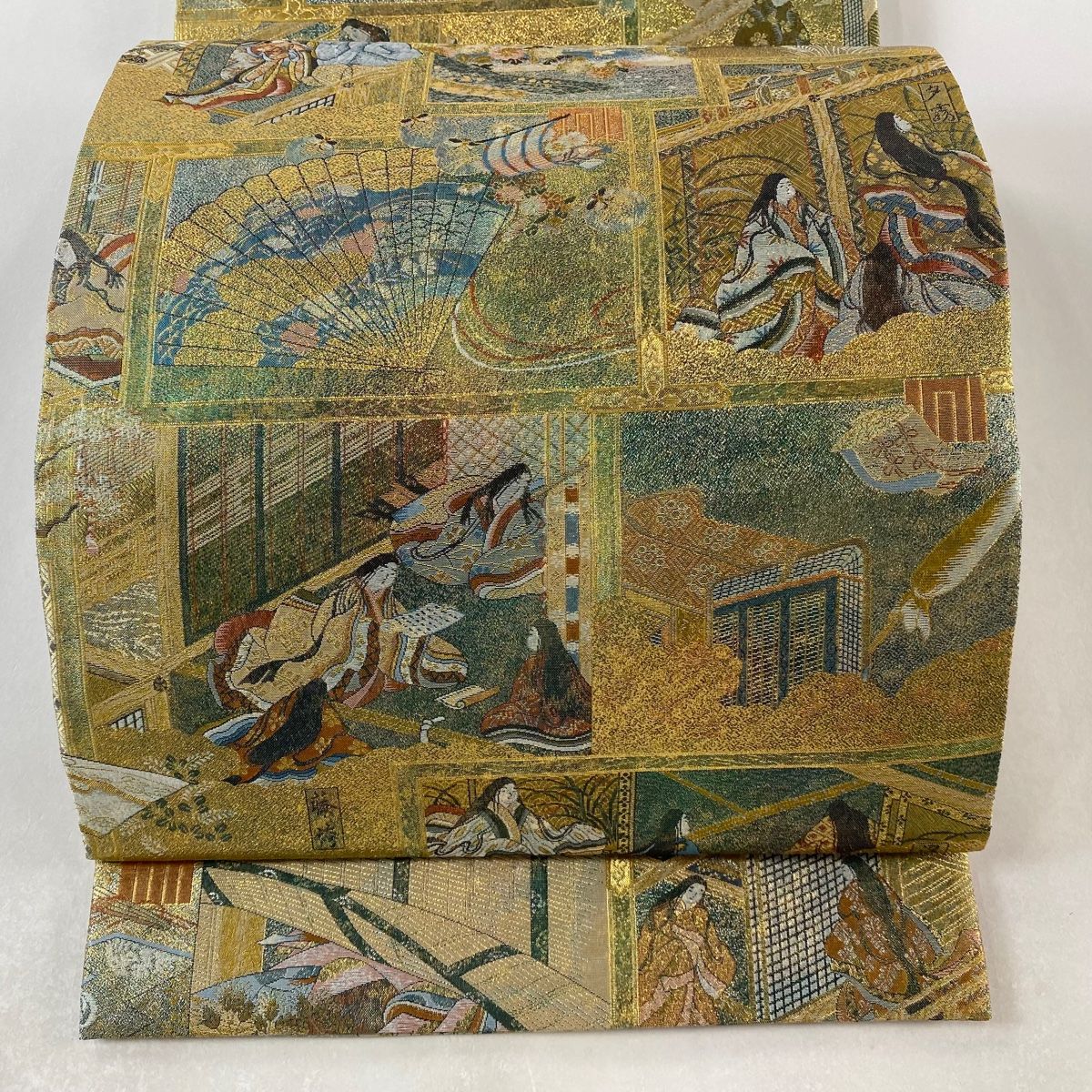 丸帯 名品 桧扇 人物 金糸 箔 金色 お太鼓柄 正絹