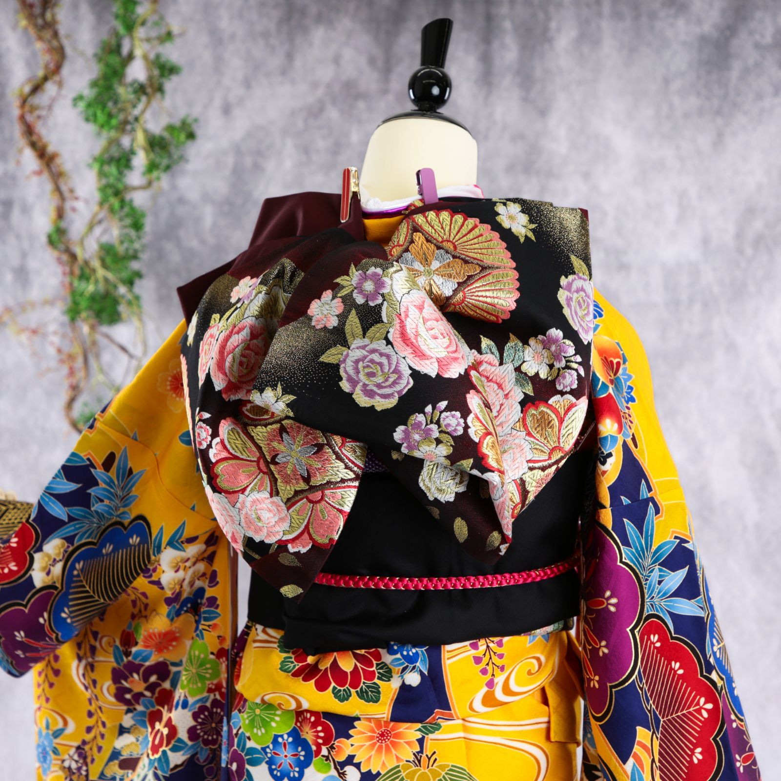 振袖フルセット 振袖セット 振袖 LLサイズ 中古 黄色×モダン 紅型 美品 