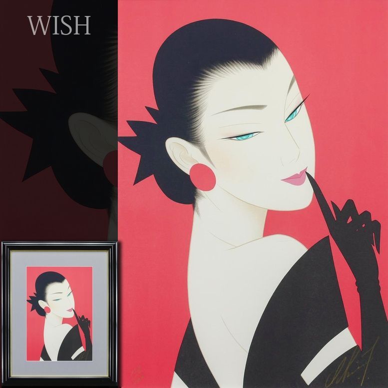 真作 WISH 鶴田一郎 ヒミツ リトグラフ 約8号 1998年作 直筆サイン 〇現代美人画巨匠 アールヌーボ アールデコ等 25092085