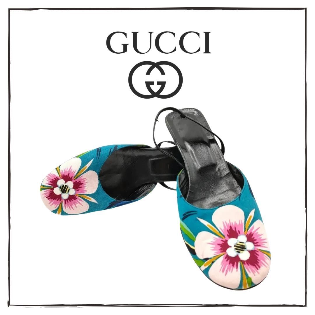 希少】GUCCI グッチ 花柄 ミュール サンダル ターコイズブルー 23.5