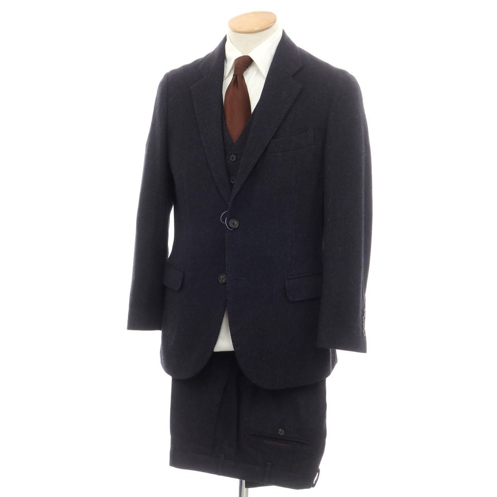 【中古】パパス PAPAS スリーピース ウールカシミヤ ヘリンボーン 3つボタンスーツ ダークネイビー【サイズ46S/46S/48M】【メンズ】