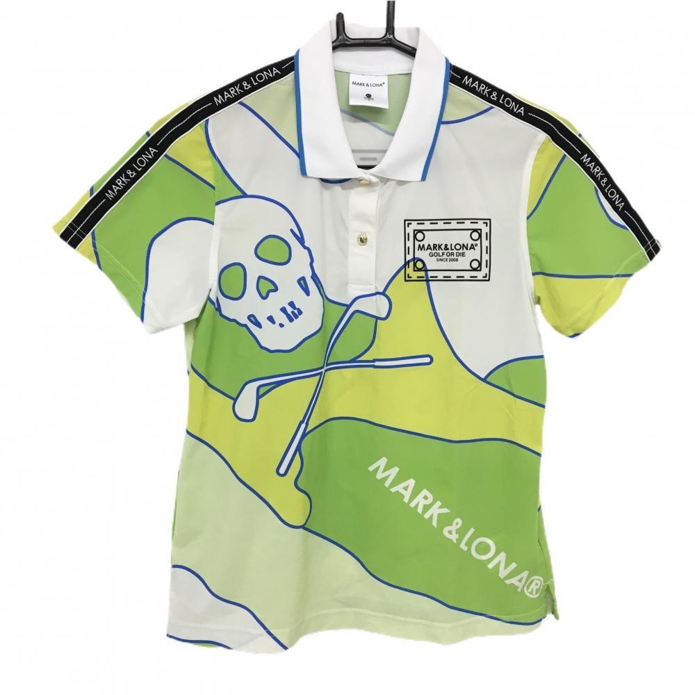超 マークアンドロナ 半袖ポロシャツ 白×グリーン 総柄 スカル レディース 38 M ゴルフウェア モデル MARK＆LONA