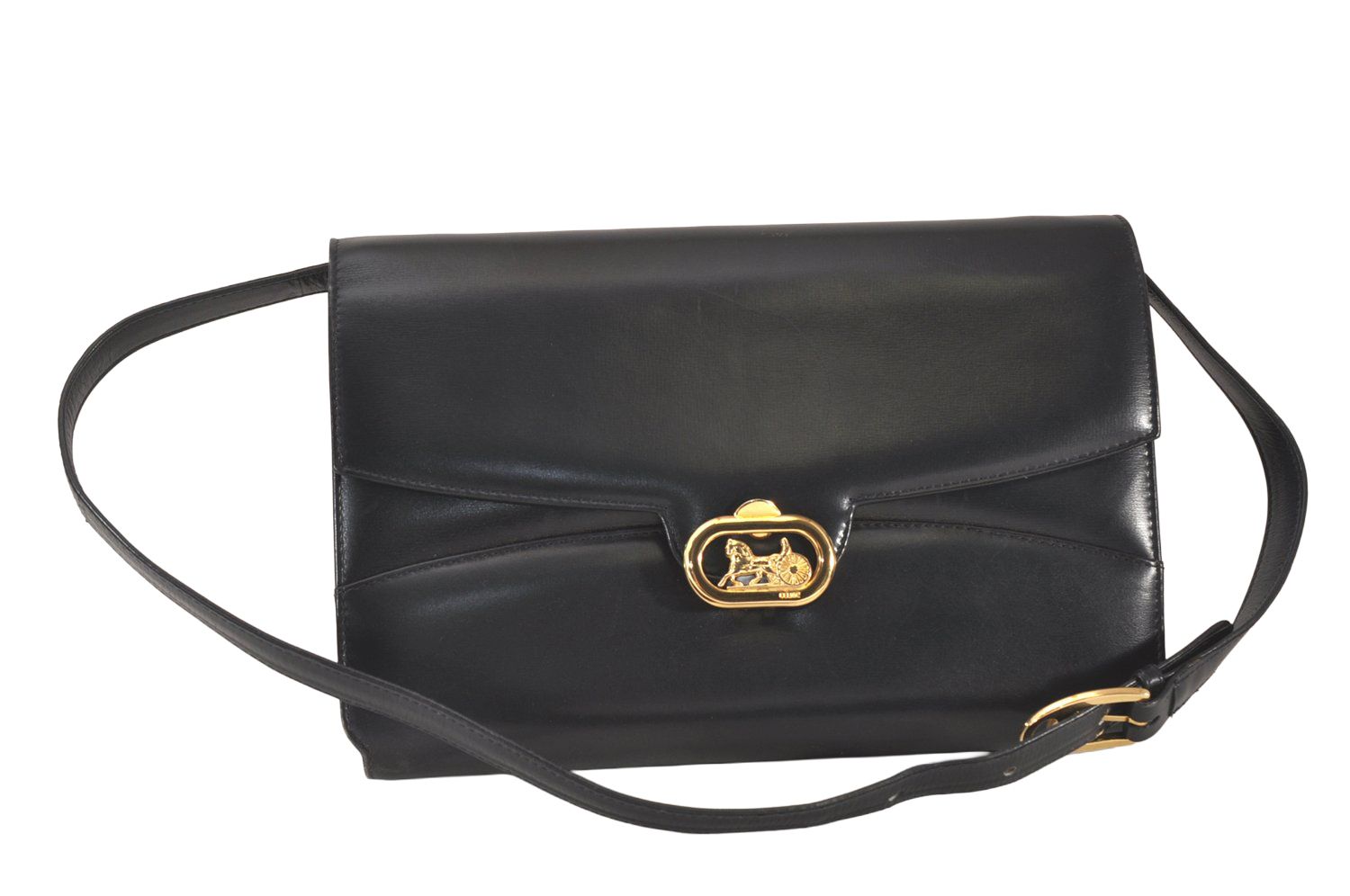 セリーヌ ショルダーバッグ クロスボディ レザー 馬車金具 ブラック セリーヌ ショルダーバッグ クロスボディ レザー 馬車金具 ブラック