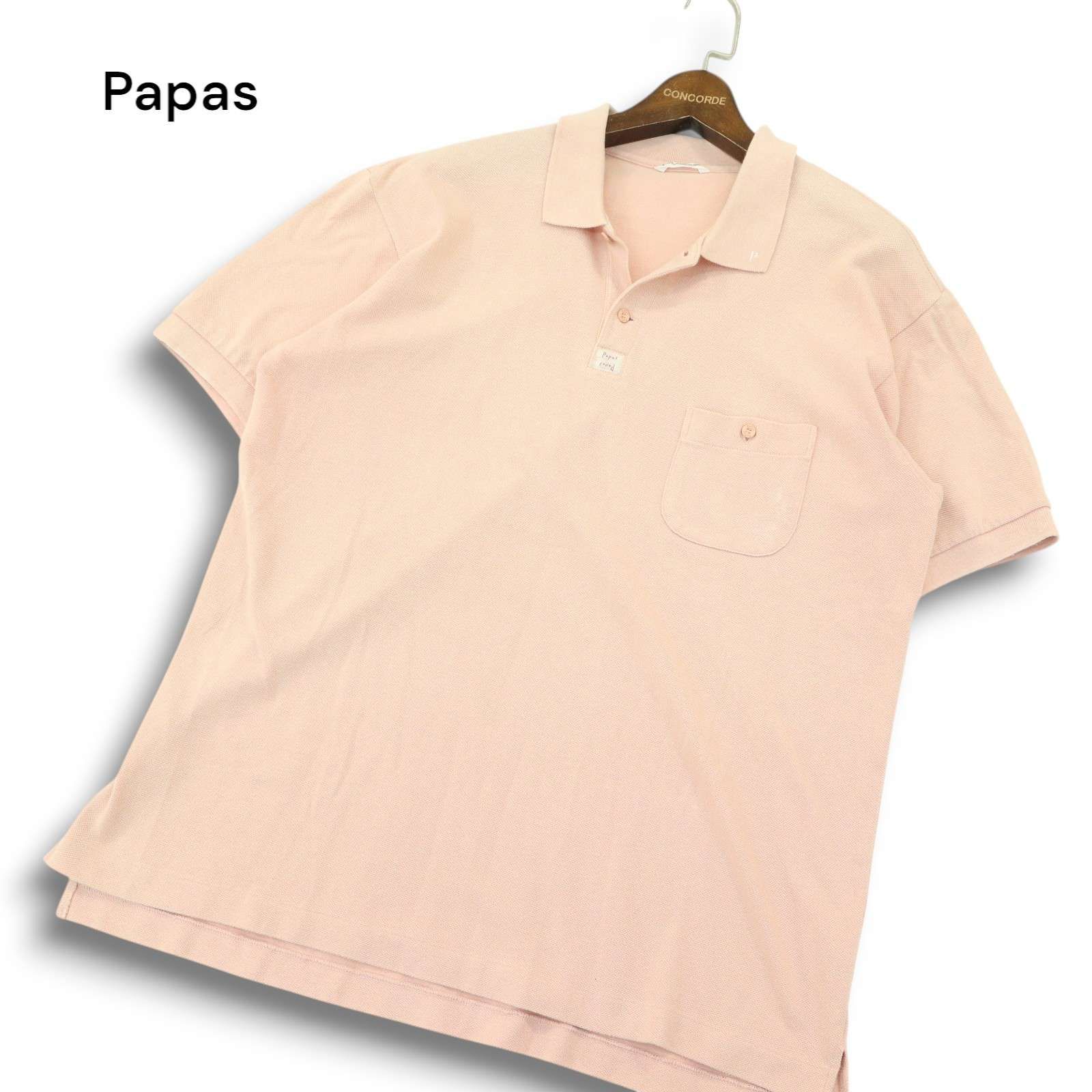 Papas パパス 春夏 ゆったり☆ ロゴ刺繍 半袖 鹿の子 ポロシャツ Sz.L