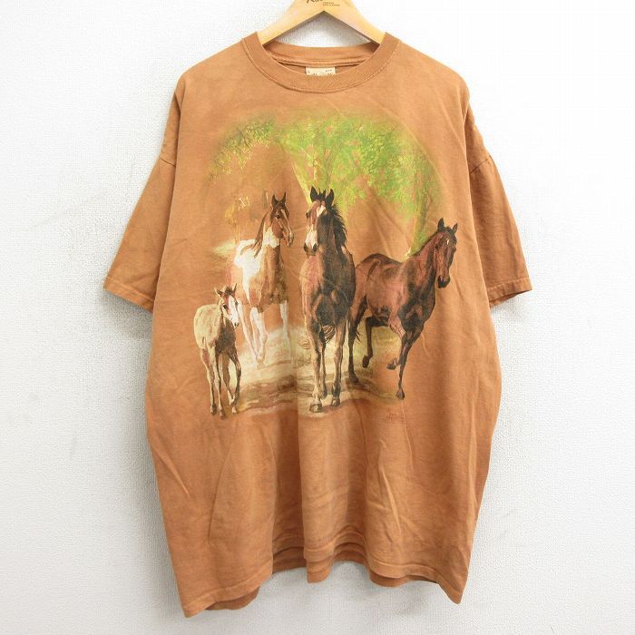 XL/古着 半袖 ビンテージ Tシャツ メンズ 00s 馬 木 大きいサイズ ロング丈 コットン クルーネック 茶系 ブラウン タイダイ 24feb12 中古