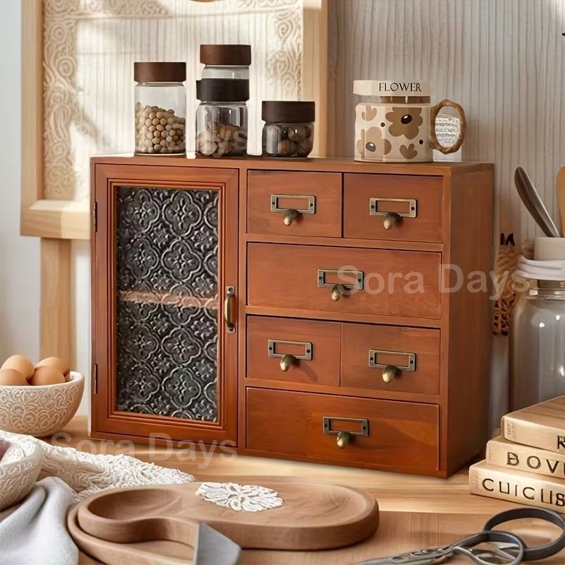 チェスト キャビネット マルチラック ヴィンテージ風 窓付き ナチュラル おしゃれ 可愛い インテリア 北欧 収納 木箱 木目調 アンティーク調 透明窓 透かし花柄 選べる 卓上 引き出し6杯 木製 44.5×13×35cm